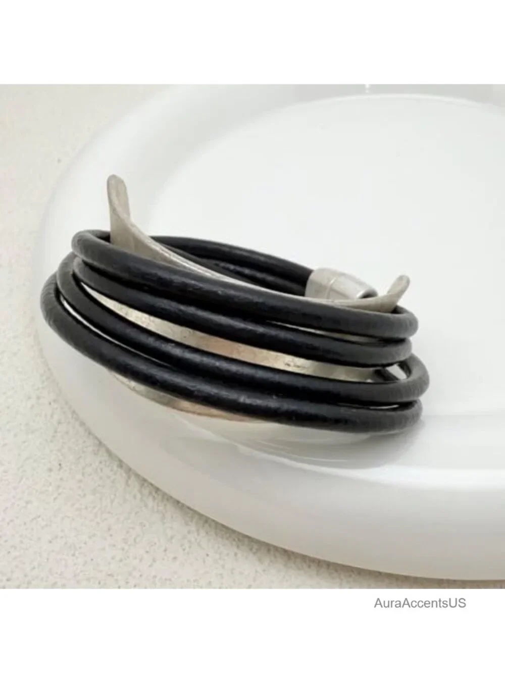 Handmade Leather Wrap Bracelet for Women Adjustable Boho Antique Silver Bangle